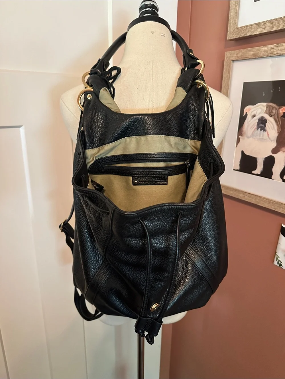 G.I.L.I pebbled black Fringe Leather Hobo backpack shoulder gold cinch purse